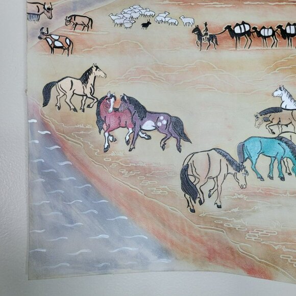 Hand Painted Leather Wall Art Horses Mongolian Landscape Wood Western Carved - Picture 13 of 16